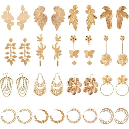 2020 Long Gold Color Leaf Flower Star Earrings for Women Geometric Big Circle Round Tassel Earrings Statement Fashion Jewelry