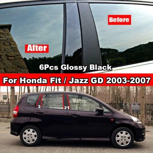 6x Glossy Piano Black Car Door Window Center BC Pillar Post Sticker Trim Mirror Effect Cover for Honda Fit Jazz GD 2003-2007 G1
