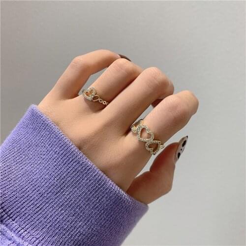 Shiny Side Luxury Zircon Adjustable Pierced Heart Wedding Rings for Women Simple Style Crystal Engagement Rings