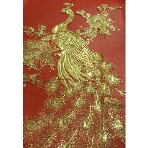 Large Bright Golden Peacock Applique Embroidery Patches For Clothing