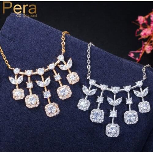 Pera Princess Cut Cubic Zirconia 585 Gold Long Leaf Shape Dangle Drop Chain Necklace for Elegant Women Jewelry Accessories P005