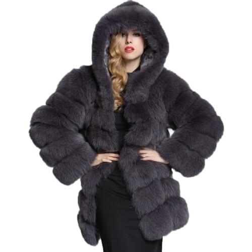 Long Jacket Women 2020 Solid Hooded Faux Fox Fur Jacket Warm Thick Fashion Loose Ladies Coat Winter Coat Women Oversized Coat