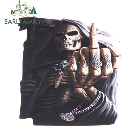 EARLFAMILY 13cm x 12.3cm Middle Finger Grim Reaper Skull Window Decal Sticker SUV 4x4 Skulls Vinyl 3D Car Sticker Waterproof