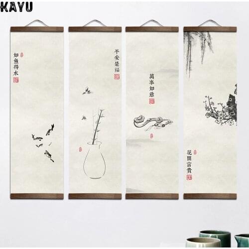 Chinese style Idiom allusion plants canvas decorative painting Store bedroom living room wall art solid wood scroll paintings