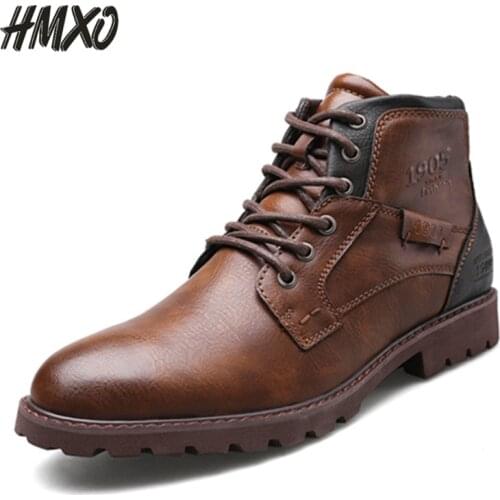 HMXO handsome British style Martin boots mens zipper high-top soft leather lace up mens shoes retro mens casual leather boots