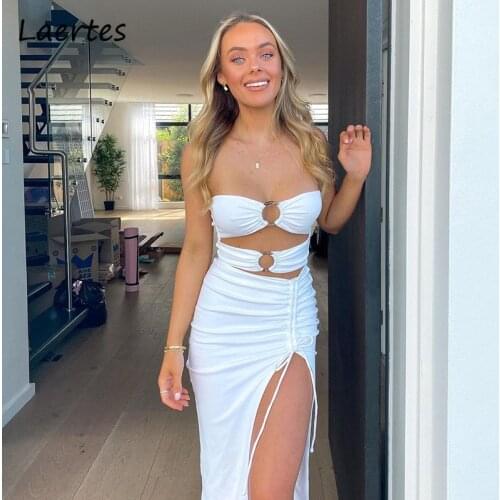 Laertes Summer Fashion Midi Dresses For Women Off Shoulder Backlesss Cut Out Side Split Casual White Dress Hollow Out Vestidos