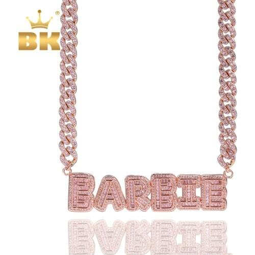 The Bling King Small Baguette Initial Letters Pendant 9mm Cuban Link Necklace Combination Zirconia Name Jewelry Rose Gold