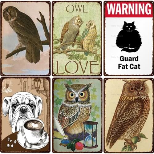 Animals Metal Tin Sign Cute Cat Dog Beautiful Peacock Owl Vintage Metal Poster for Bar Pub Club Room Modern Home Decor