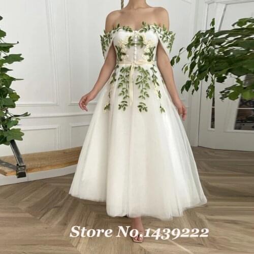 Ivory Fashion Off Shoulder Evening Dresses Prom Green Leaves Engagement Gown Robe De Soiree Vestidos Fiesta
