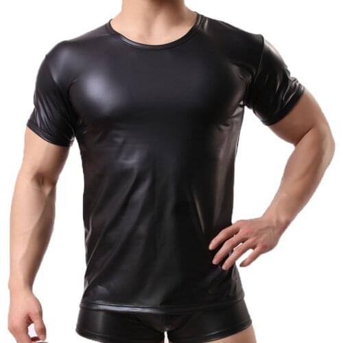 Mens T Shirts PU Leather Short Sleeve T-shirts Sexy Fitness Gay Latex T-shirt Black Tops Stage Party Clubwear Tee Plus Size XXL