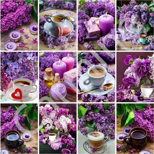 Cup DIY 5D Diamond Painting Landscape Lilac Flowers Cross Stitch Embroidery Picture Full Round&Square Drill Home Decoration Gift