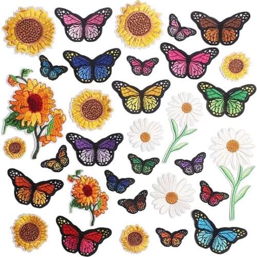 Embroidered Flowers Iron On Patches For Clothing,33PCS Sew On Sunflower Butterfly Applique For Clothes Dress Hat Jeans