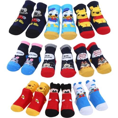 Disney 3 pairs of cartoon Mickey Bear Iron Man baby socks cotton non-slip thin section baby socks cute cartoon Kids floor socks