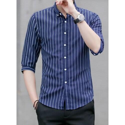 New Mens Striped Shirt Casual Slim Three-quarter Sleeves Korean Shirt For Men Masculina Business Tops Dress Shirts Size S-5XL