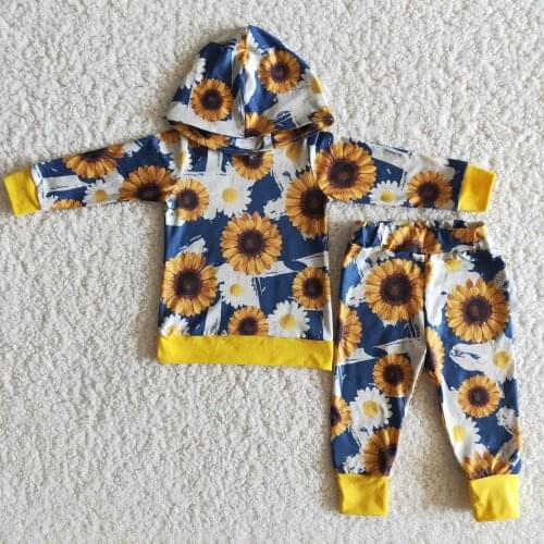 Autumn 2021 Girls Boys Sunflower Printed Hoodie Two Pieces Outfits Kid Clothing Set Unisex