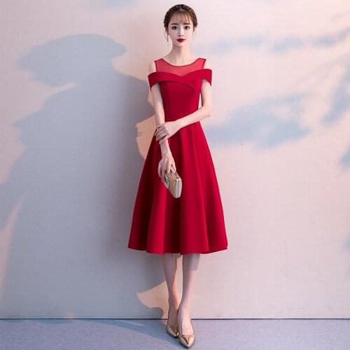 Special Occasion Dresses Vintage O-Neck Short Off The Shoulder Luxury Burgundy Satin Knee-Length A-Line Women Prom Gown E1039