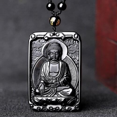 Drop Shipping Natural Obsidian Wholesale 12 Zodiac Patron Saint Buddha Necklace Pendant