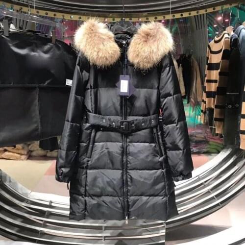 2021 Luxury Italian Design Real Raccoon Fur Trimmed Belted Black Office Style Down Coat