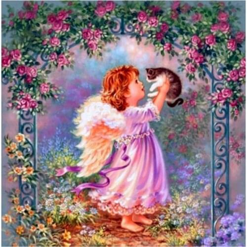 Needlework decoration souvenir full diamond embroidery 3d diy diamond painting angel girl with cat hobby sewing rhinestones