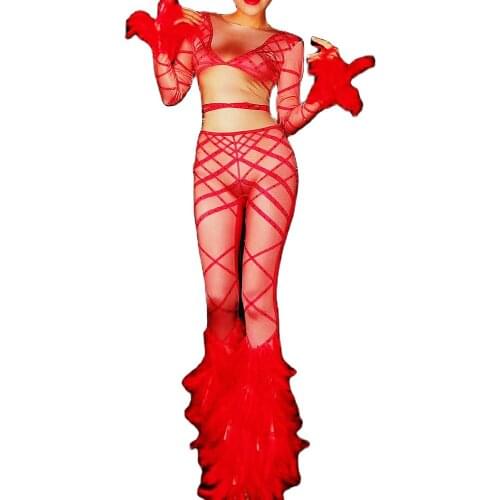 Long Sleeve Red Skinny Stretch Women Jumpsuits Nightclub Pole Dancing Costumes Evening Prom Bar DJ Singer Stage Show Leotard