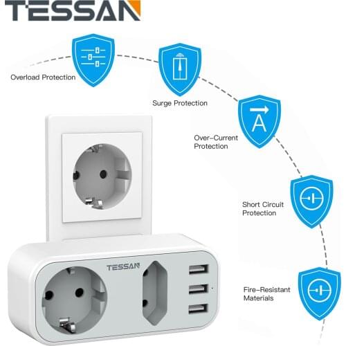 TESSAN Multiple Sockets Power Adapter with 1 DE/FR Outlet, 1 EU Outlet and 3 USB, Wall Socket Charger with Overload Protection