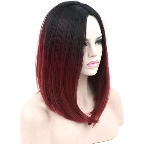 Soowee Synthetic Hair Black To Burgundy Ombre Hair Short Bob Wigs Straight Party Hair Grey Cosplay Wig for Women