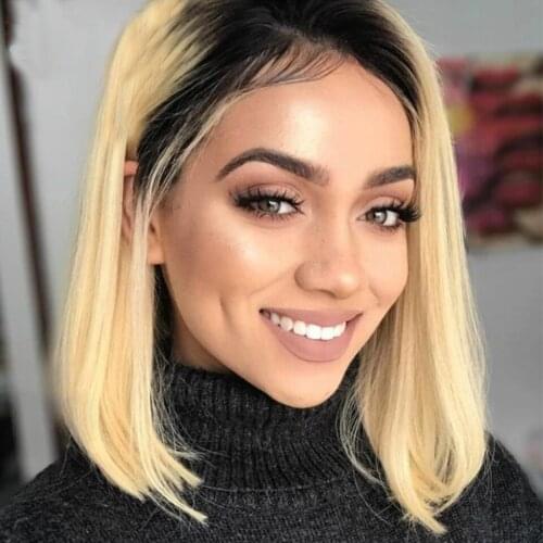 Ombre 1B613 Short Cut Bob Silky Straight Human Remy Hair Lace Frontal Wig With Baby Hair Glueless Preplucked Lace Wigs For Women