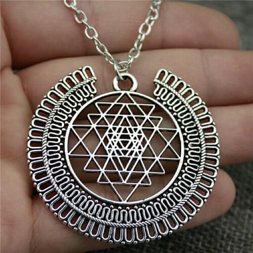 1 Piece Jewelry Necklace For Women Silver Plated 50x48mm Sri Yantra Pattern Pendants Necklace Female Gift Vintage