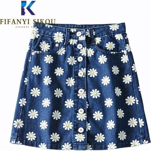 2020 Summer Women Print Denim Skirt Single Breasted Pocket High waist Mini Skirt Female Fashion Loose A-Line Jeans Short Skirts