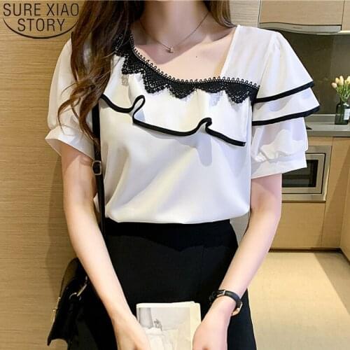 New Sweet Ruffled Blouse Fashion Women Chiffon White Shirt 2021 Summer Short Sleeve Puff Sleeve Lace Skew Collar Clothes 15056