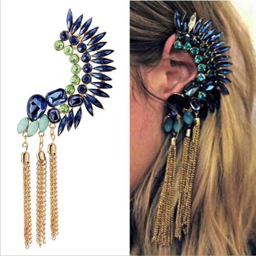 Boho Long Tassels Ear Cuff Earring Bijoux Femme Gold Chains Rhinestone Big Clip Earrings for Women Fashion Jewelry Gift
