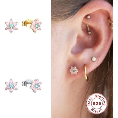 Aide 925 Sterling Silver Stud Earrings Cute Bling Pink Cherry Blossom Crystal CZ Earring For Women Girls Valentines Day Jewelry