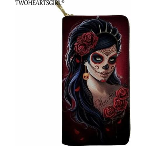 Twoheartsgirl Sugar Skull Girls Gothic Women Wallet Fashion Travel Portable Purse Phone Cash Holder Money Bag Long Leather Card