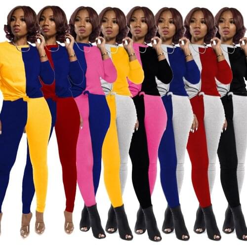 Patchwork Color 2 Piece Outfits for Women Fall Tracksuit Long Sleeve T-shirt + Long Pants Sport Casual Suit Lounge Wear Set 2020