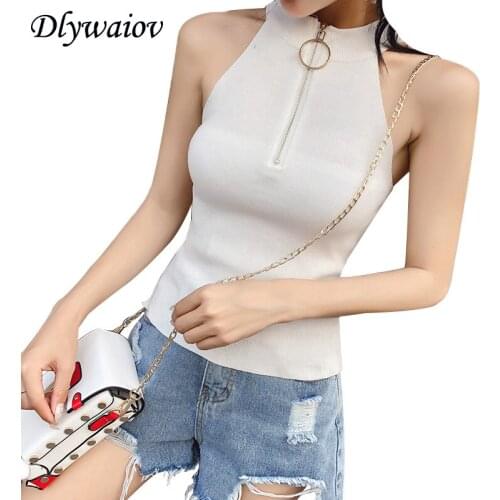 2019 Spring Summer top Women Sexy sleeveless Hanging Neck Strapless Small Strap Knited Vest Female temperament Zipper T-shirt