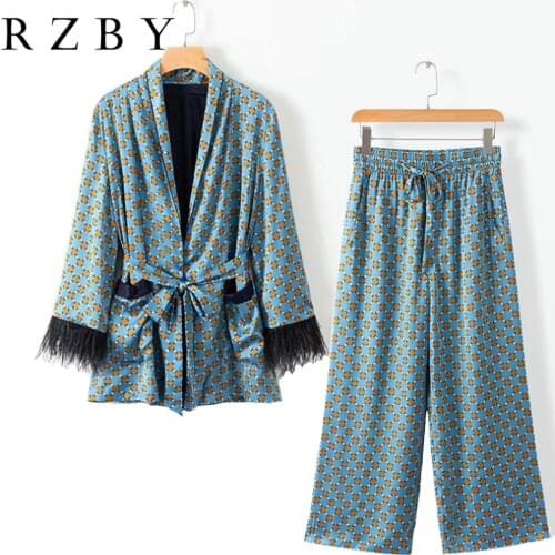 RZBY Womens casual suit jacket printed drape wide-leg pants suit 2020 Autumn Blazer Set Feather decoration 2 color