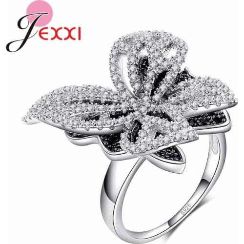Elegant Women White&Black Clear Crystal Rings Fashion Hollow Bowknot Wedding Party Jewelry 925 Sterling Silver Bague