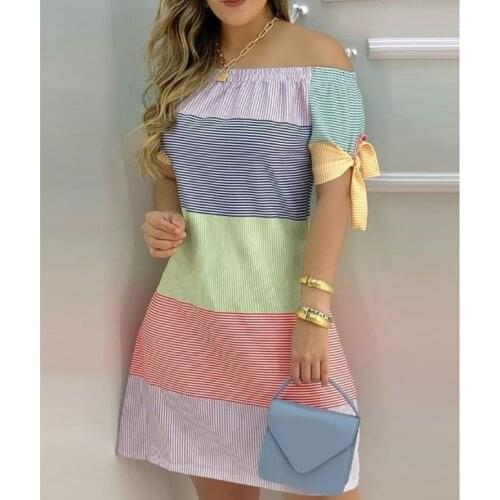 Women Casual A Line Stripped Off shoulder Lace up Short Sleeves Mini Sweat Dress Daily Wear Summer Casual Dress