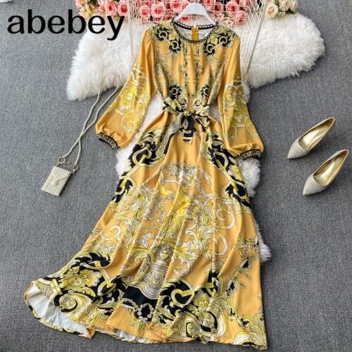 Boho Retro Print Maxi Dress Women O Neck Puff Sleeve A-line Ruffles Dresses Spring Elastic Ruched Vacation Long Dress