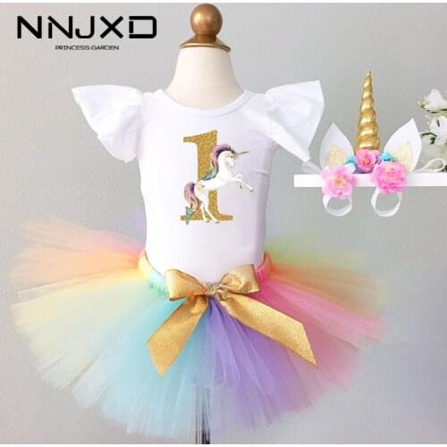 1 Year Unicorn Baby Clothes Dress For Newborn Princess Birthday Dress Outfits Ruffles Sleeve One First Baptism Infant Clothing