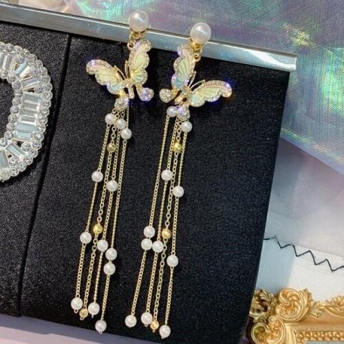2021 New Trendy Long Pearl Tassel Transparent Green Butterfly Earring Drop Earring For Women Girl Party Hot Jewelry