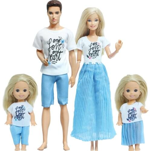 4 Set/Lot Mix Style Family Doll Suits Short Pants Dress Blue Clothes for Barbie Doll for Ken Doll for Kelly Doll DIY House Toys