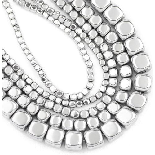 Natural Stone Square Cube Hematite Beads 2/3/4/6MM Silvers Spacer Charm Loose Beads For Jewelry Making Diy Bracelet Accessories