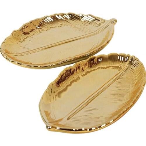 GTBL Decorative Gold Leaf Ceramic Plate Dish Porcelain Candy Trinket Dish Jewelry Fruit Serving Tray Storage Plate Crockery Tabl