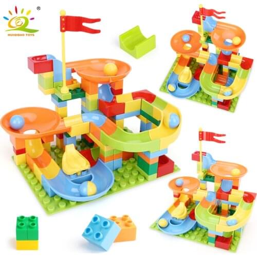 HUIQIBAO 110pcs Marble Race Run Track Balls Building Blocks City Funnel Slide Big Size Baseplate Friends Bricks Baby Toys Child