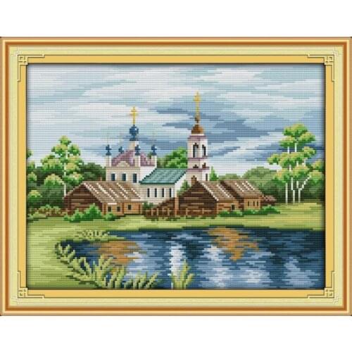 View In Riverside Embroidery Needlework Fabric Pattern 11CT 14CT Printed Counted DMC Thread Home Decor Cross Stitch Kits Stamped