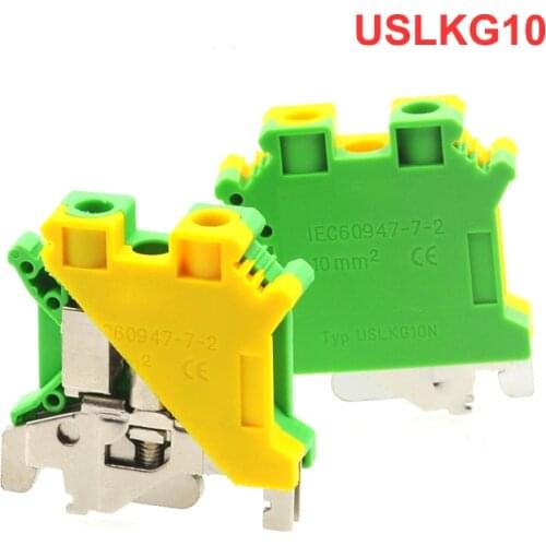 1Pcs USLKG10 Ground Terminal Blocks DIN Rail Screw Morsettiera UK-10N Yellow Green Earthing Bornier Connector 8AWG 10mm²