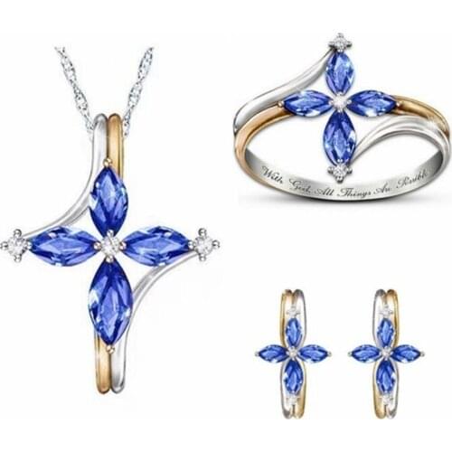 Ring Necklace Earrings Set Engagement Womens Cross Ring Fashion Purple Crystal Necklace Wedding Jewelry Gift