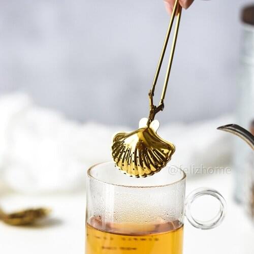 Creative gifts Gold color stainless steel handle tea strainer shell tea filter tea tools Reusable Tea Infuser Basket Fine Mesh S