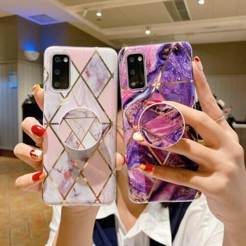 Marble Case for Samsung Galaxy S21 Plus S20 FE Note 20 Ultra S10 S9 A42 A32 A52 A72 Folding Bracket Plating Soft IMD Back Cover